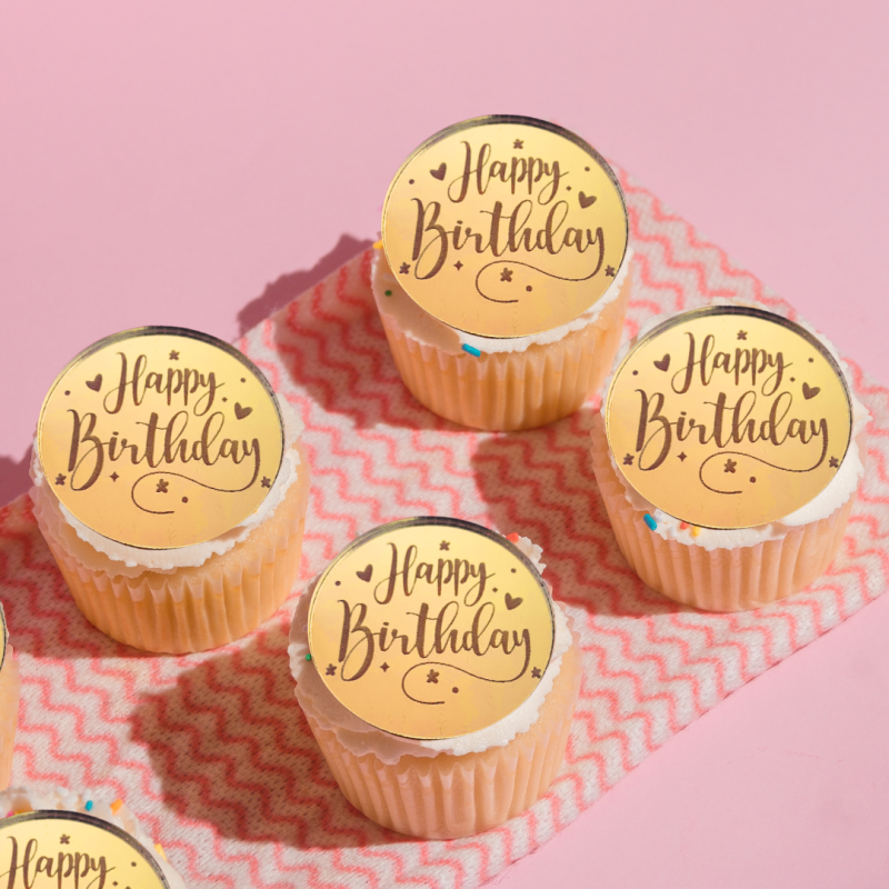 Acrylic Cupcake Tags Happy Birthday - Mirror Gold - Set of 6