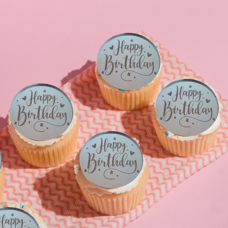 Acrylic Cupcake Tags Happy Birthday - Mirror Silver - Set of 6