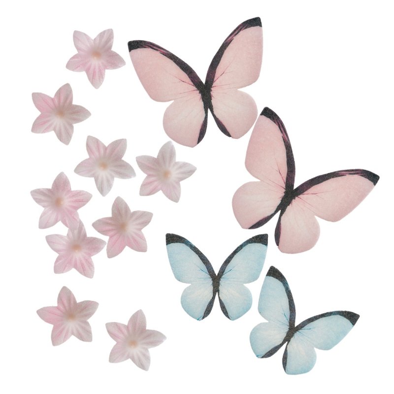 Dekora Wafer Assortment Mini Pink Flowers And Pink And Blue Butterflies