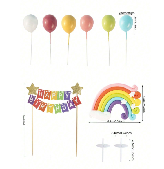 Rainbow  Balloon Birthday Cake Topper Decoration - Set Of 8