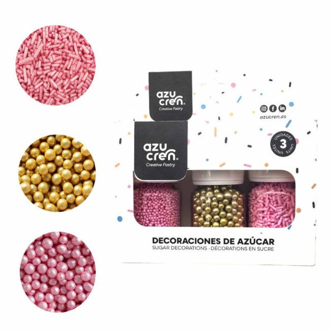SET 3 DECORATION: PINK VERMICELLI / 4MM GOLD METALLISED PEARLS / PINK NONPAREILS - AZUCREN