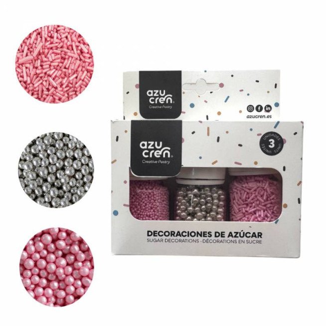 SET 3 DECORATION: PINK VERMICELLI / PEARLS 4MM SILVER METALLIC / NONPAREIL PINK - AZUCREN