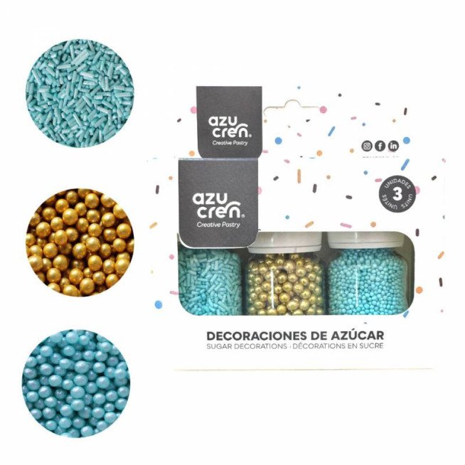 SET 3 DECORATION: TURQUOISE VERMICELLI / 4MM GOLD METALLISED PEARLS / TURQUOISE NONPAREILS - AZUCREN