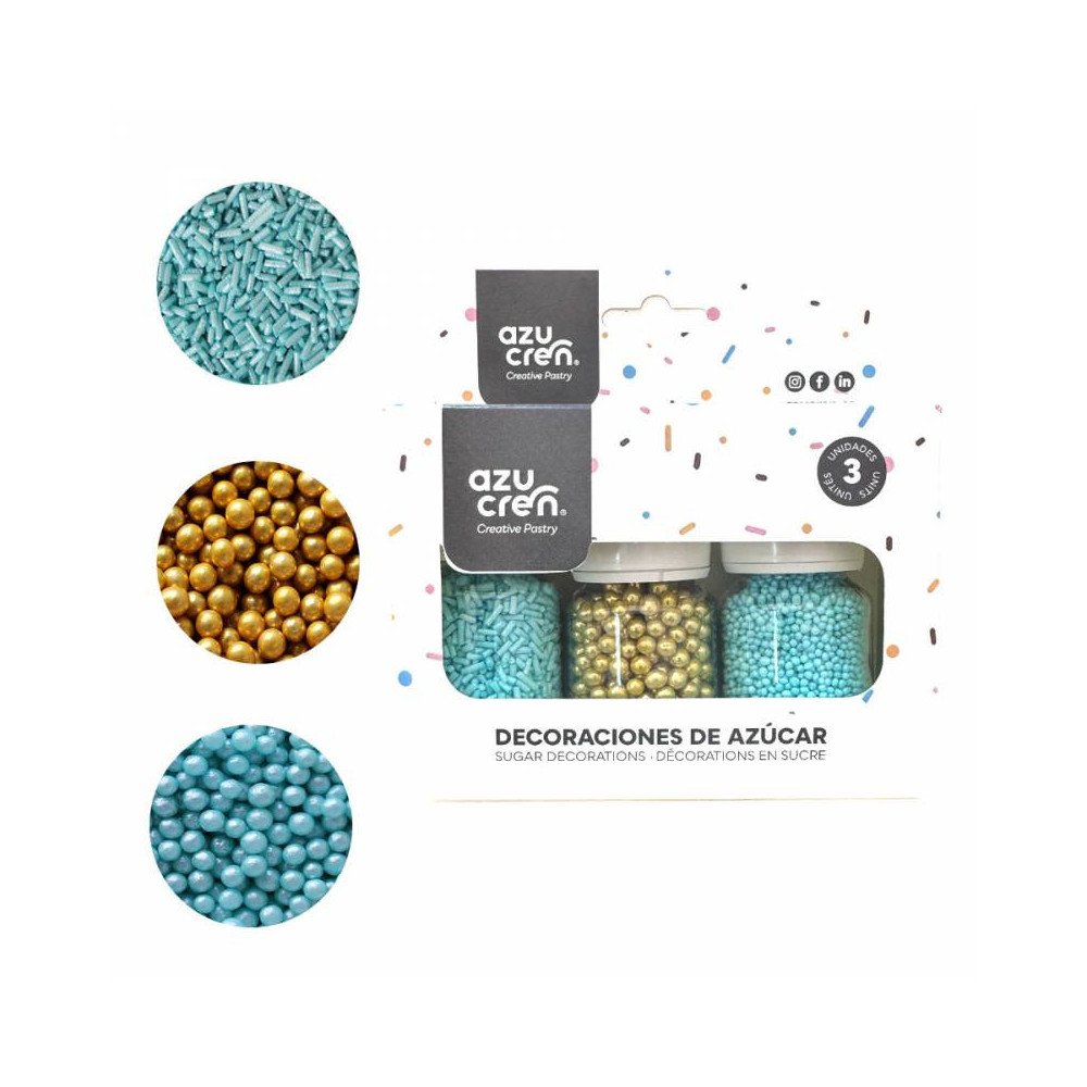 SET 3 DECORATION: TURQUOISE VERMICELLI / 4MM GOLD METALLISED PEARLS / TURQUOISE NONPAREILS - AZUCREN