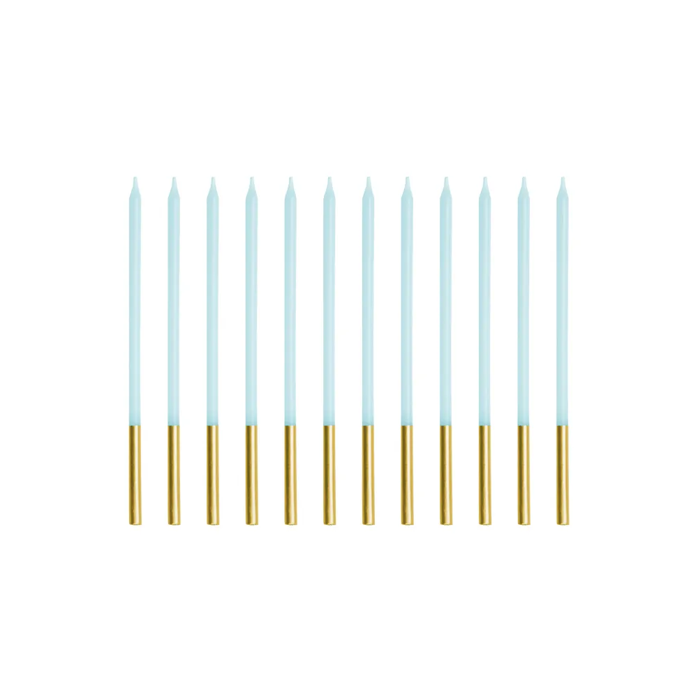 12 LIGHT BLUE CANDLES - GOLD PARTYDECO 14 CM.