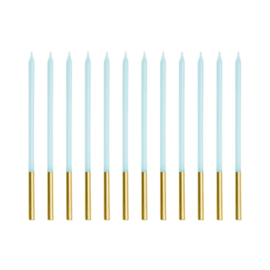 12 LIGHT BLUE CANDLES - GOLD PARTYDECO 14 CM.