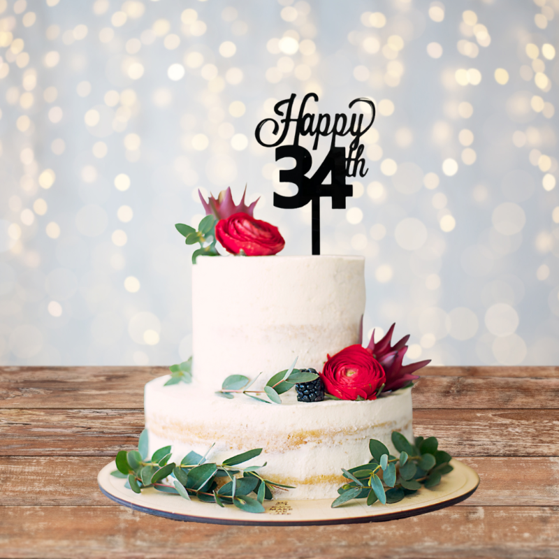 Happy 34th  Acrylic Cake Topper - Black