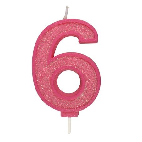 Pink Sparkle Numeral Candle - Number 6 - 70mm