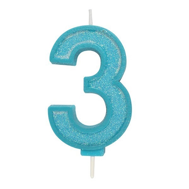 Blue Sparkle Numeral Candle - Number 3 - 70mm