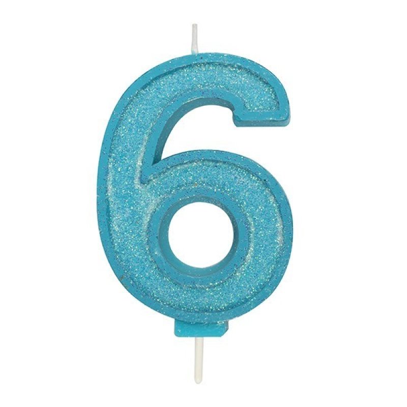 Blue Sparkle Numeral Candle - Number 6 - 70mm