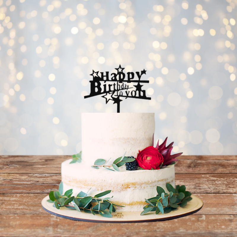 Happy Birthday Stars Acrylic Cake Topper - Black