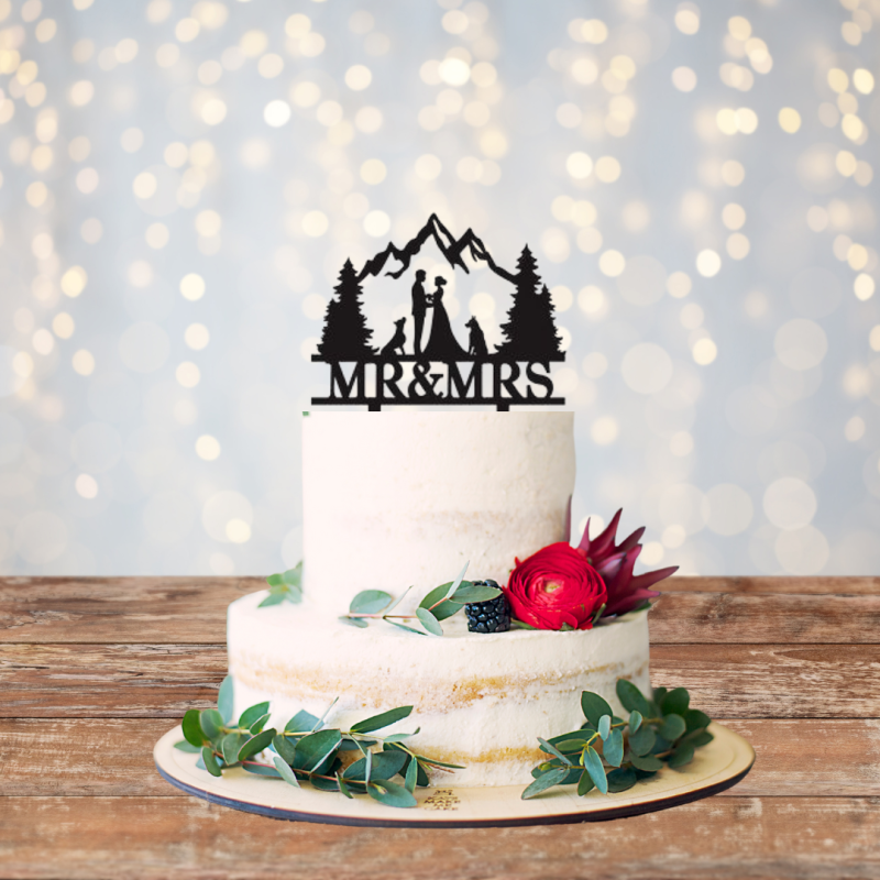 Mountain Mr & Mrs Acrylic Cake Topper - Black