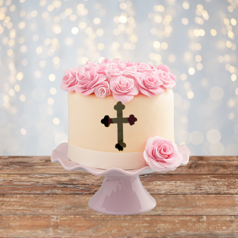 Set Of 4 - Christening Cross Acrylic Cupcake Topper - Mirror Gold