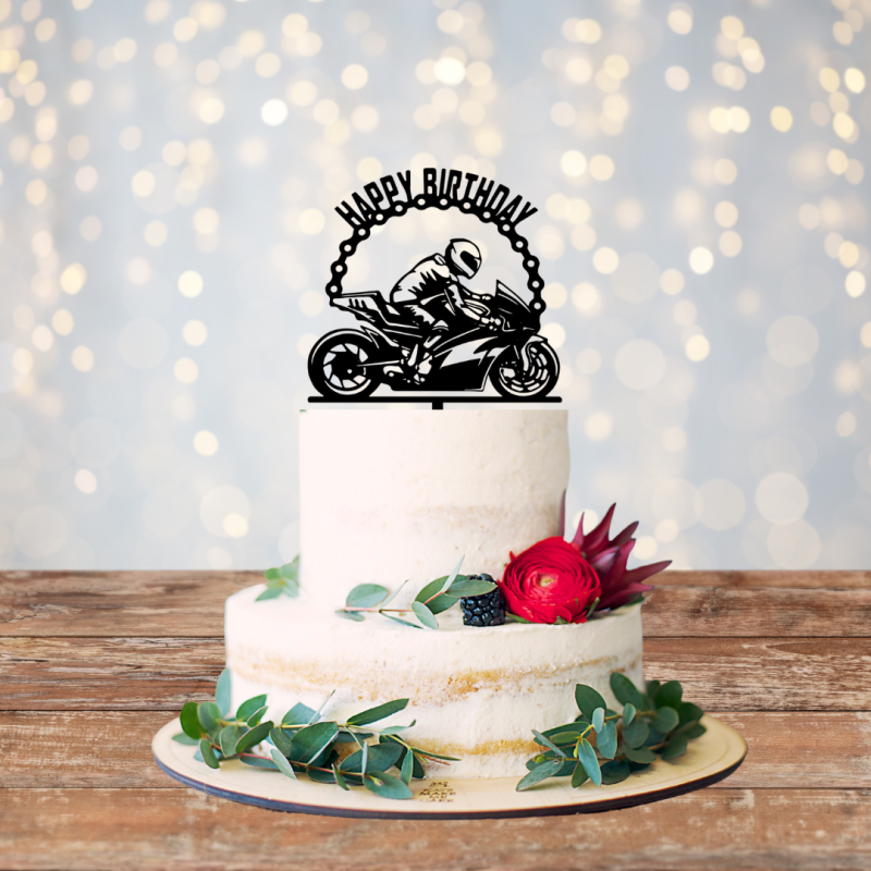 Motorbike Happy Birthday Acrylic Cake Topper - Black