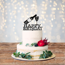 Wine Bottle & Glass Happy Birthday Acrylic Cake Topper - Black