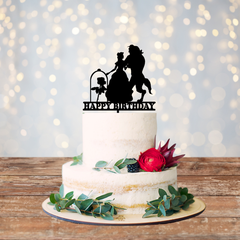 Beauty & The Beast Happy Birthday Acrylic Cake Topper - Black