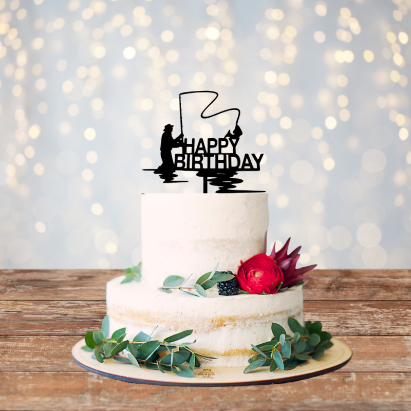 Fish Happy Birthday Acrylic Cake Topper - Black